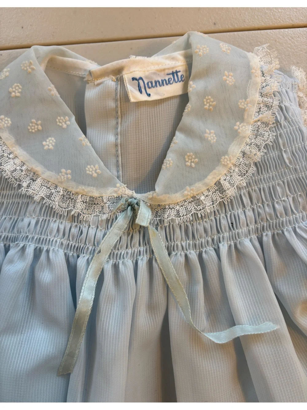 Vintage Nanette Baby Pale Blue Smocked Dress with Ribbon Ties